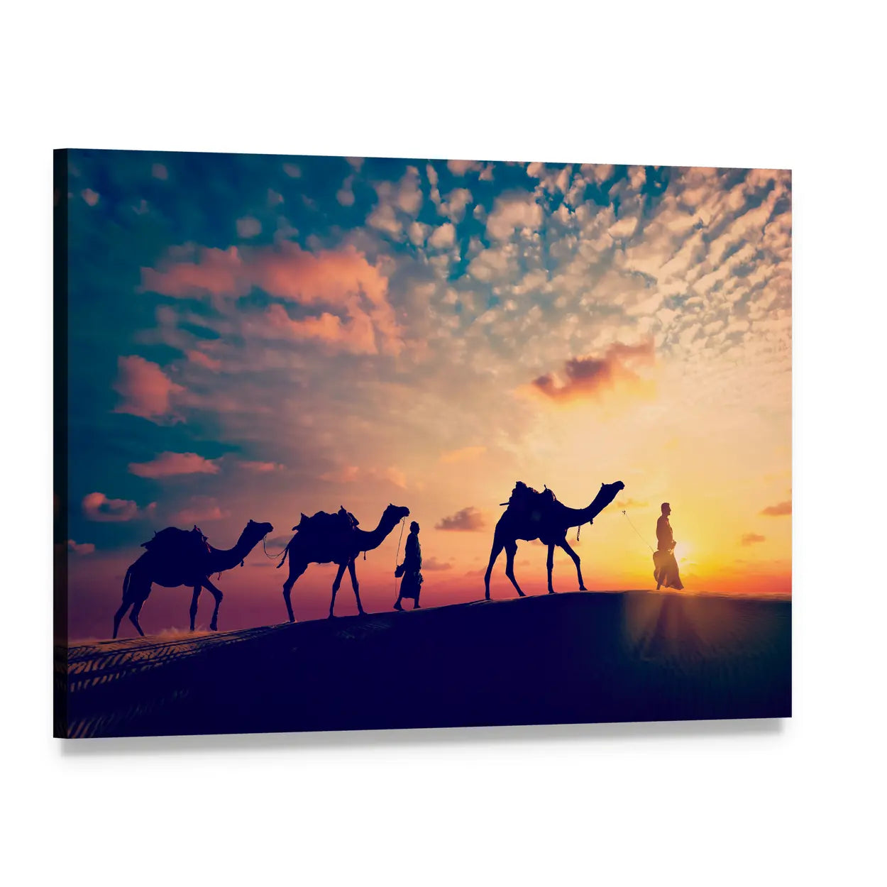 Two Cameleers Crossing Desert Dunes Canvas Wall Art, single panel gallery wrapped canvas, angled product view