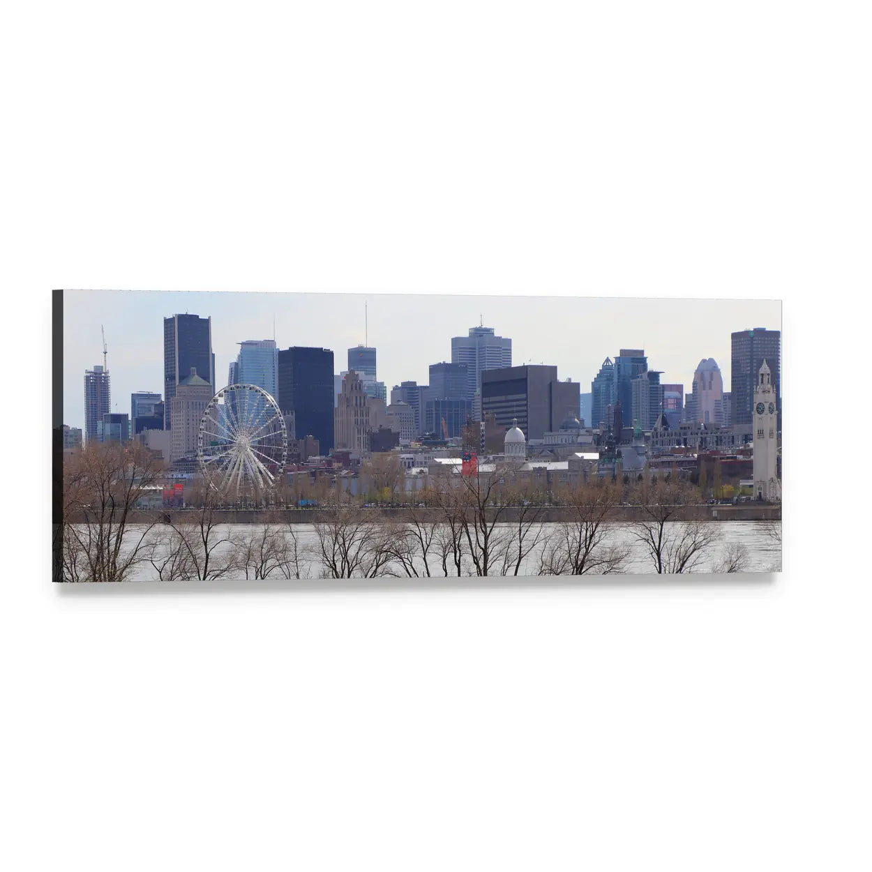 Montreal Skyline with Ferris Wheel and Clock Tower Panoramic Canvas Wall Art, single panel gallery wrapped canvas, angled product view