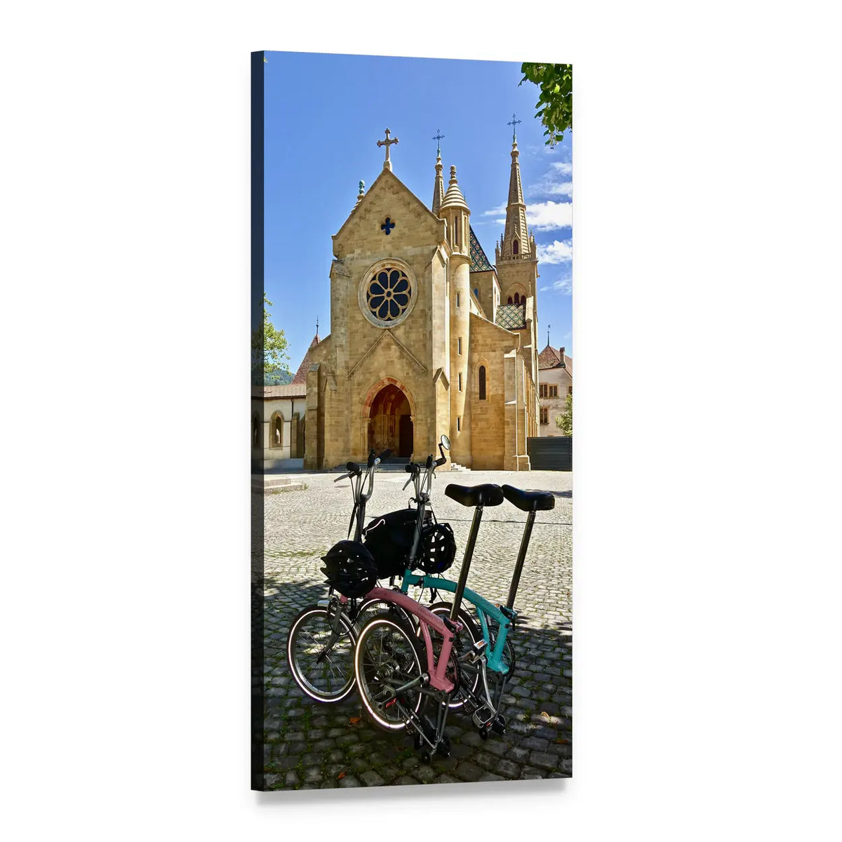 Two Bicycles in Front of Cathedral Vertical Canvas Wall Art, 1 panel 1 Vertical layout gallery wrapped canvas set, angled product view