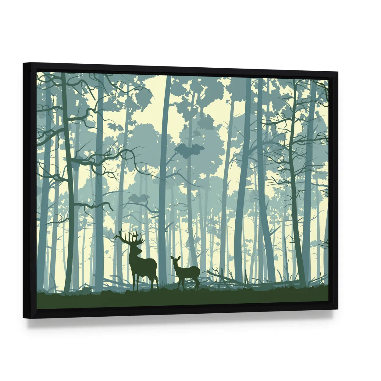 Wild Deer in Forest Canvas Wall Art, framed canvas in a black floater frame, angled product view