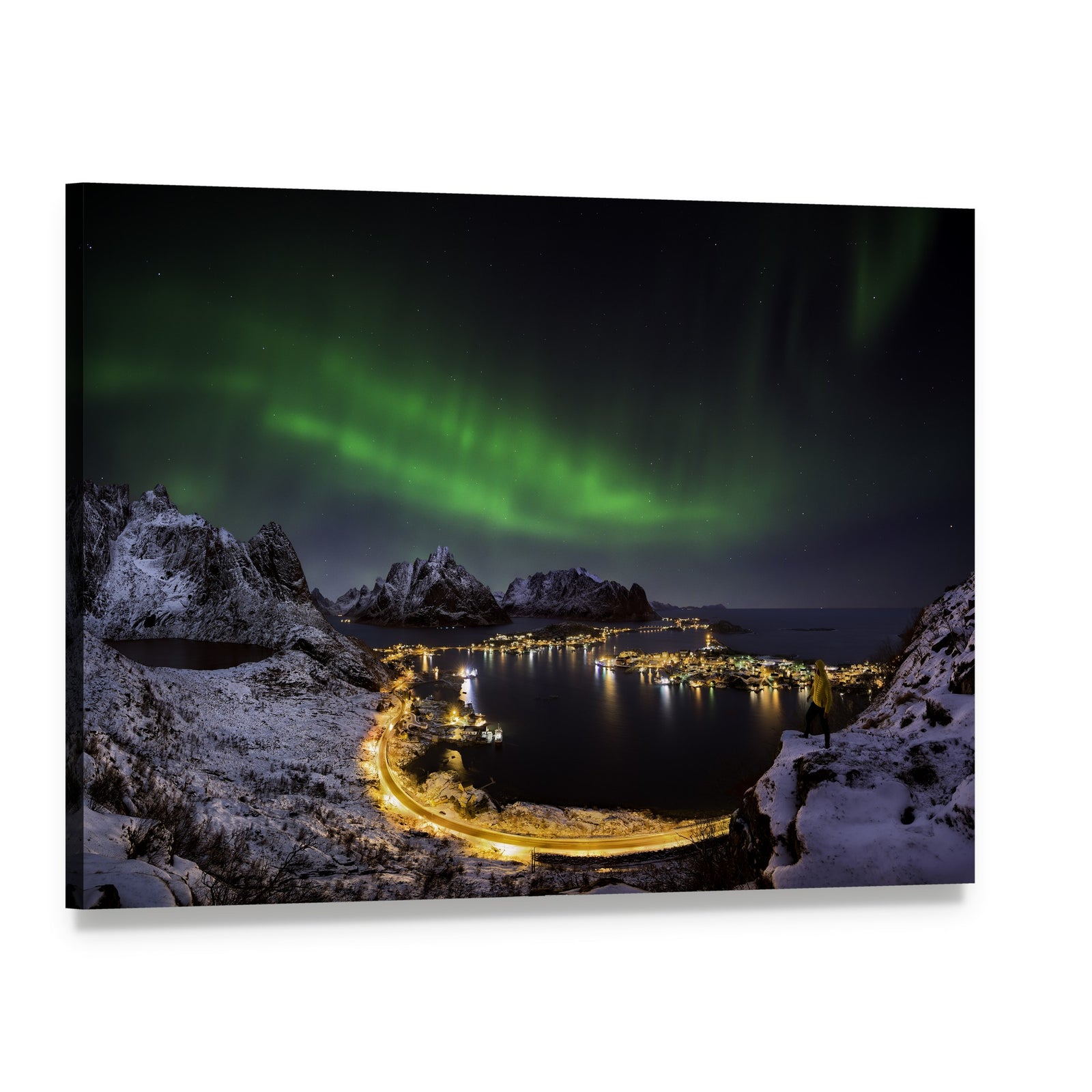 Northern Lights Over Reine Canvas Wall Art, single panel gallery wrapped canvas, angled product view