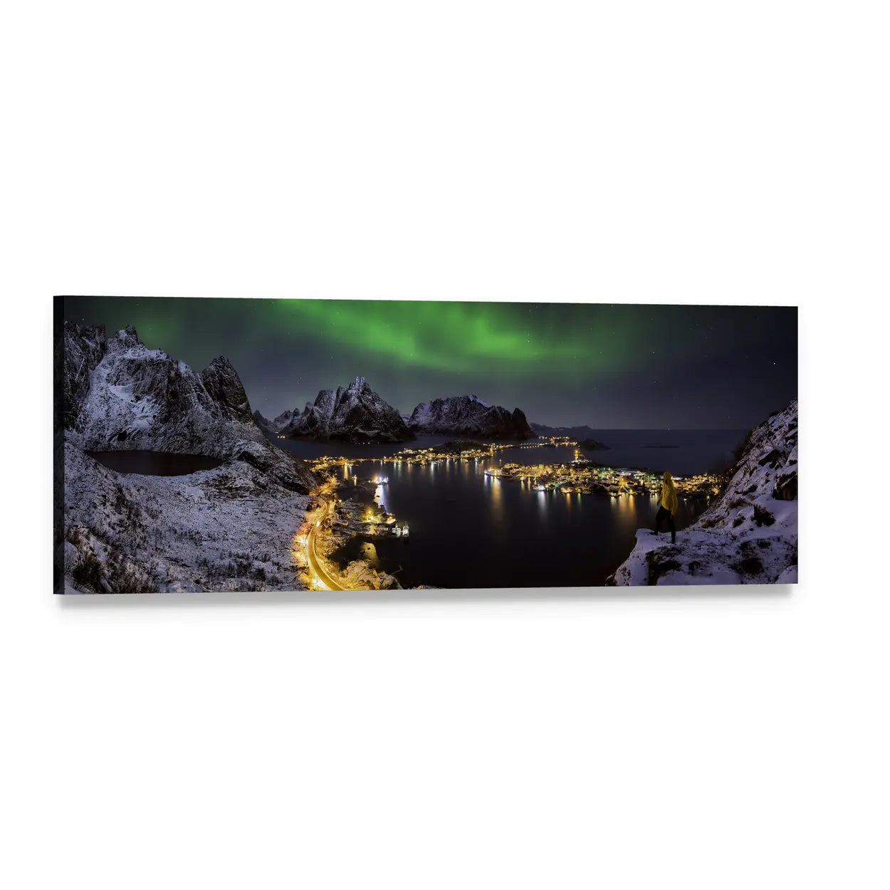 Northern Lights Over Coastal Village Panoramic Canvas Wall Art, single panel gallery wrapped canvas, angled product view