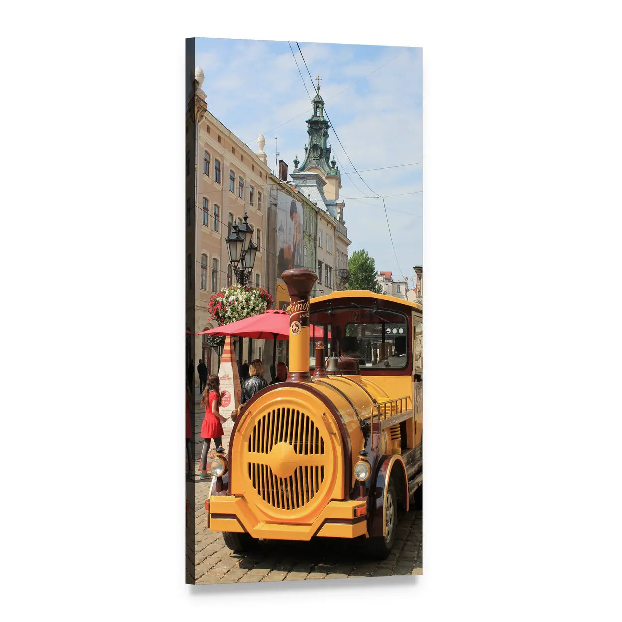 Yellow Tourist Train in Lviv Market Square Vertical Canvas Wall Art, 1 panel 1 Vertical layout gallery wrapped canvas set, angled product view