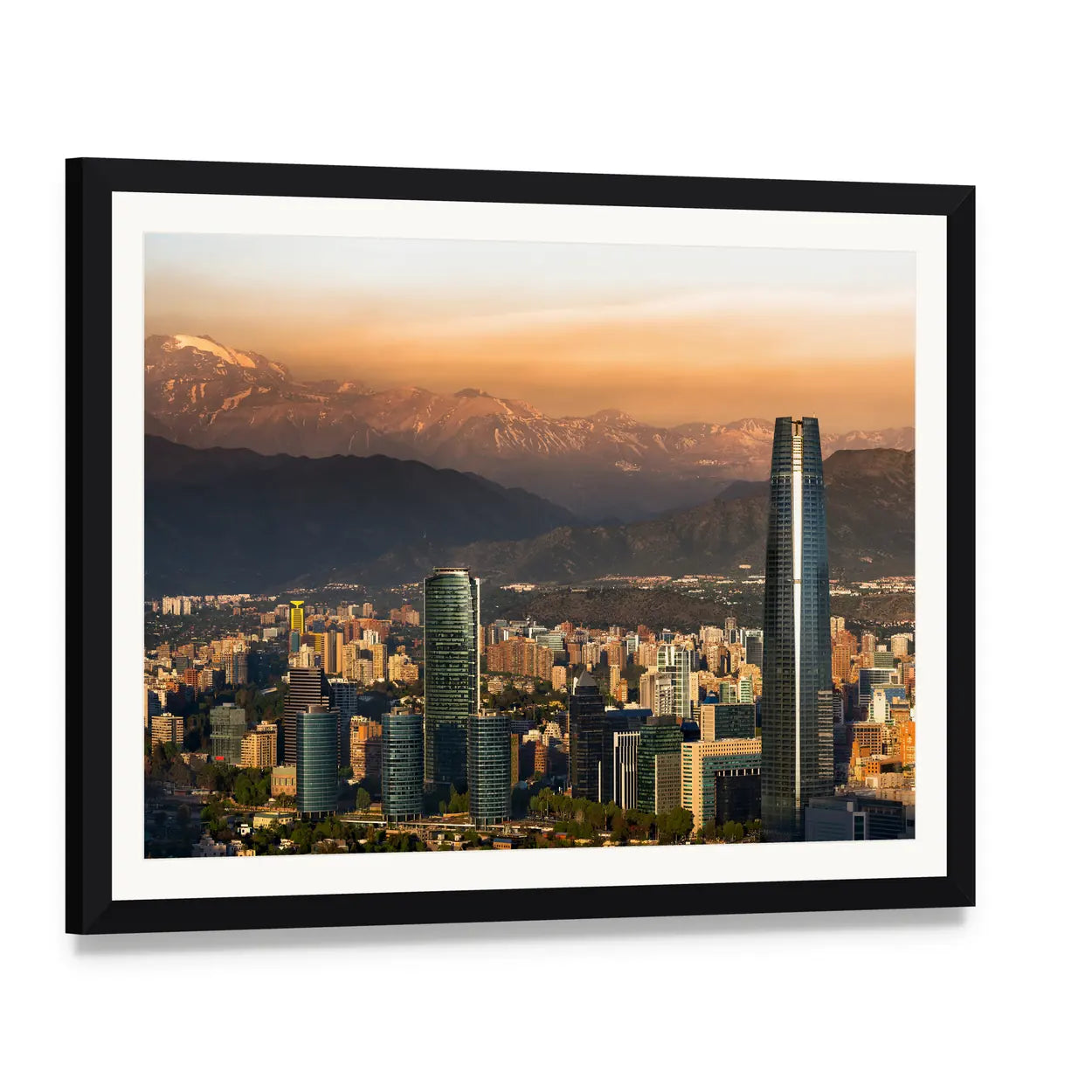 Santiago Skyline at Golden Hour Canvas Wall Art, framed print with white mat and black frame, angled product view