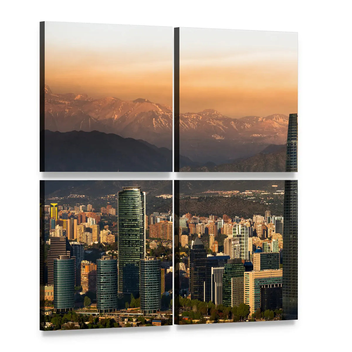 Santiago Skyline at Golden Hour Canvas Wall Art, 4 panel 4 Square layout gallery wrapped canvas set, angled product view
