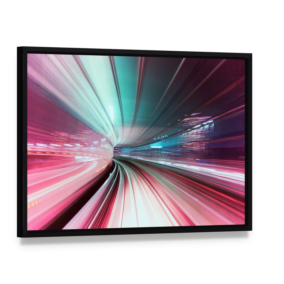 Way Train at Night Japan Canvas Wall Art, framed canvas in a black floater frame, angled product view