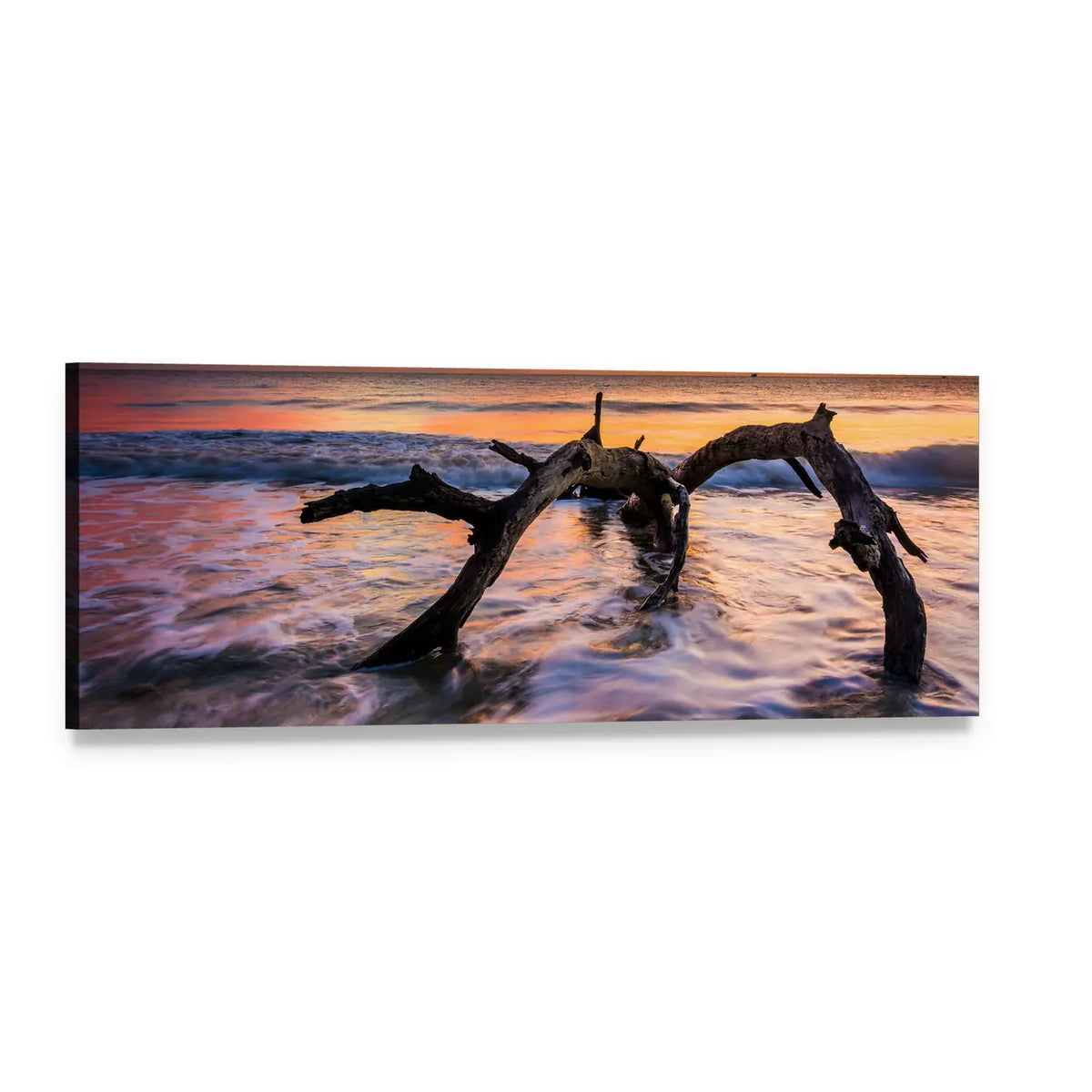 Atlantic Ocean Sunrise with Driftwood Panoramic Canvas Wall Art, single panel gallery wrapped canvas, angled product view