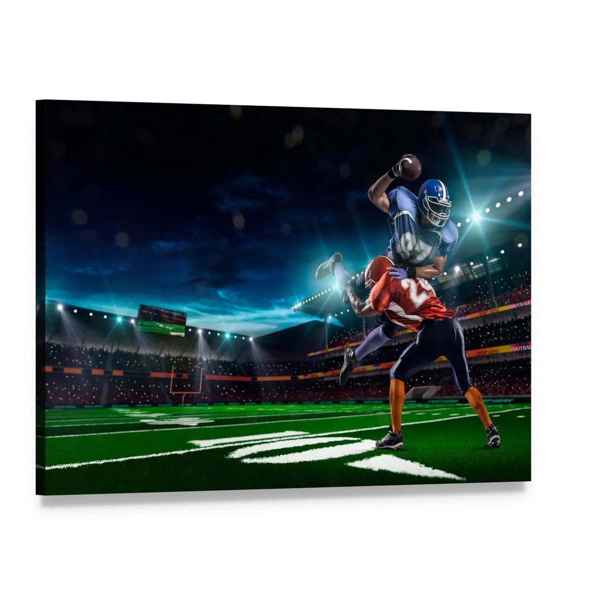 American Football Player Mid-air Tackle Canvas Wall Art, single panel gallery wrapped canvas, angled product view