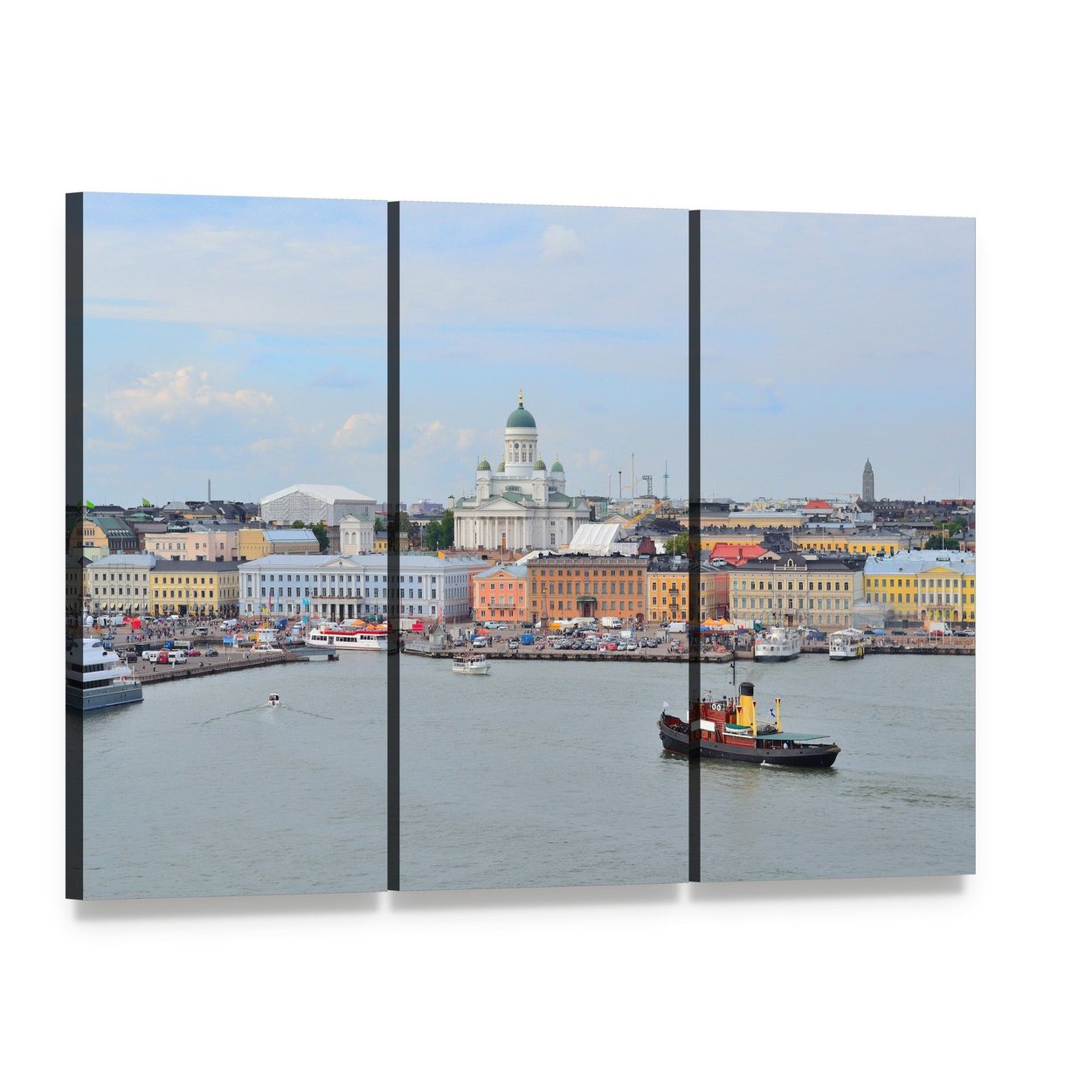 Helsinki Harbor Skyline with Cathedral Dome Canvas Wall Art, 3 panel 3 Horizontal layout gallery wrapped canvas set, angled product view