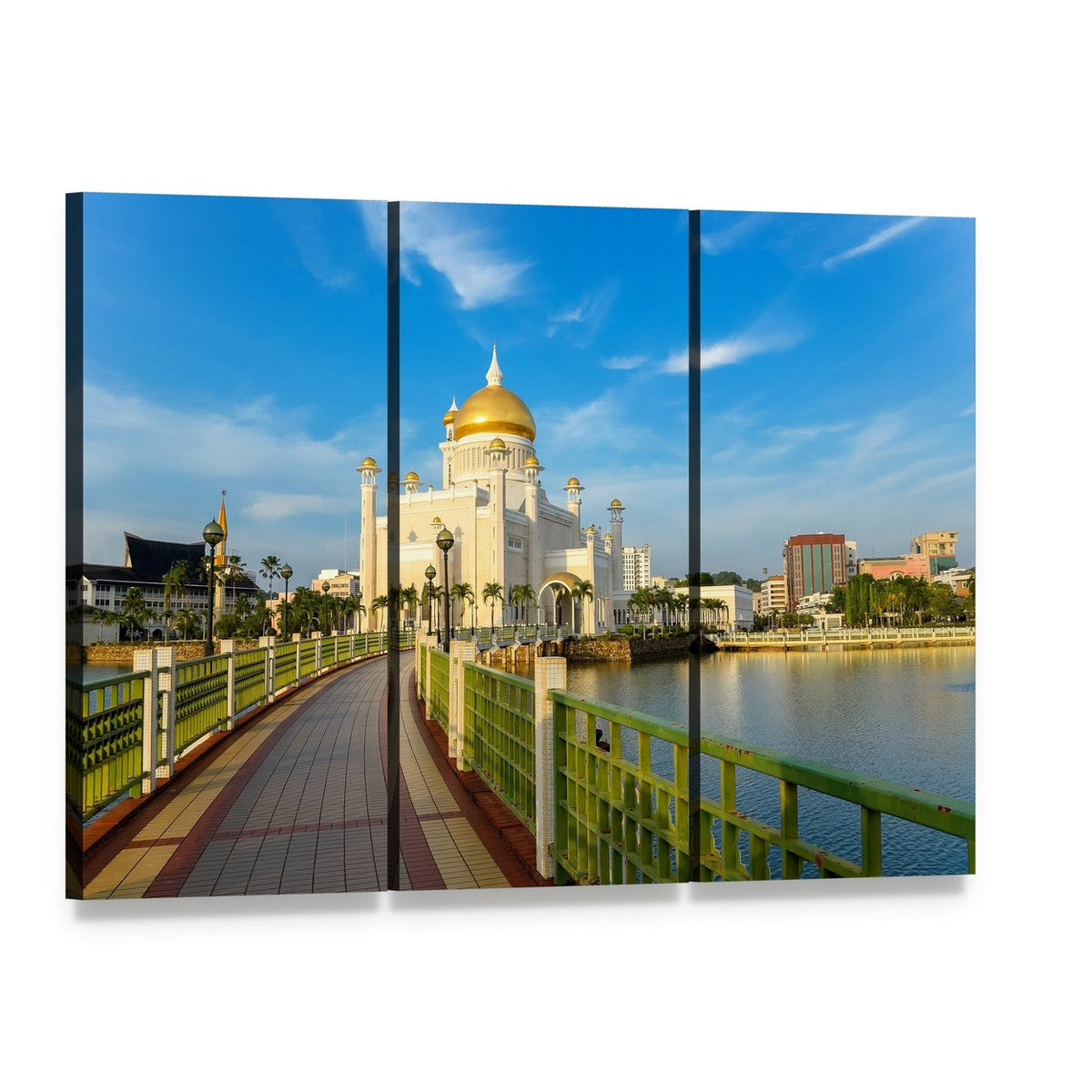 Sultan Omar Ali Saifuddin Mosque, Brunei Canvas Wall Art, 3 panel 3 Horizontal layout gallery wrapped canvas set, angled product view