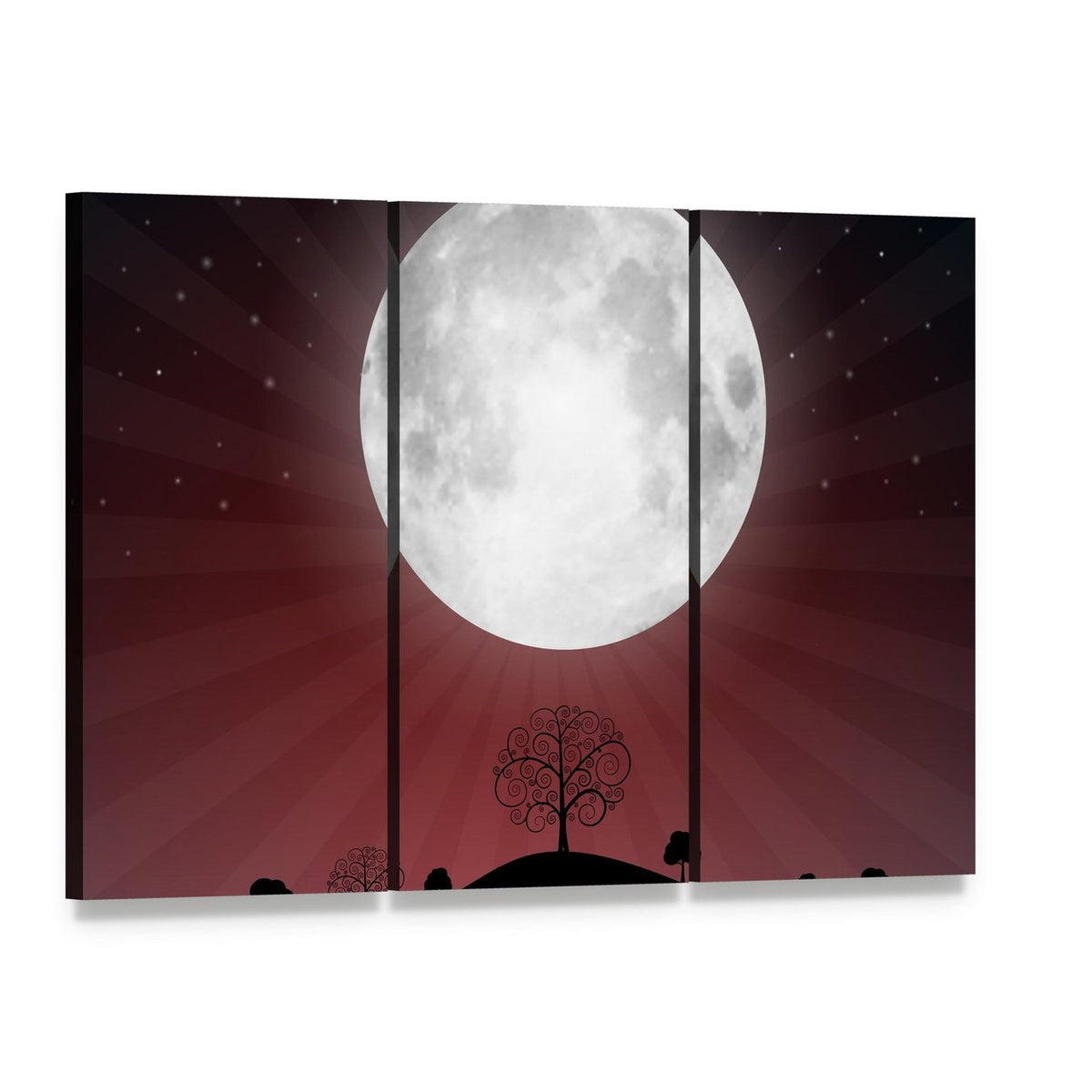 Glowing Full Moon Over Silhouetted Hills Canvas Wall Art, 3 panel 3 Horizontal layout gallery wrapped canvas set, angled product view