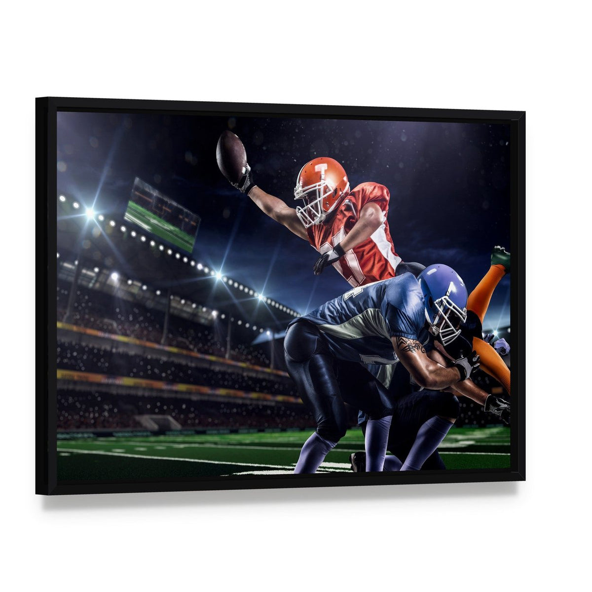 American Football Players in Action Canvas Wall Art, framed canvas in a black floater frame, angled product view