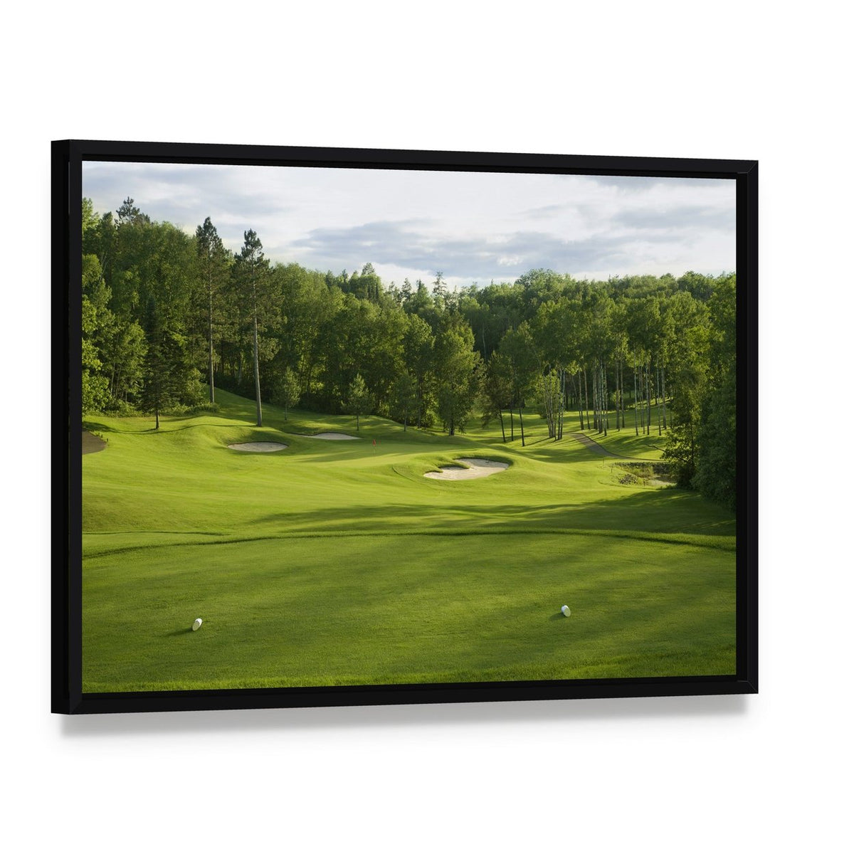 Golf Green with Bunkers Canvas Wall Art, framed canvas in a black floater frame, angled product view