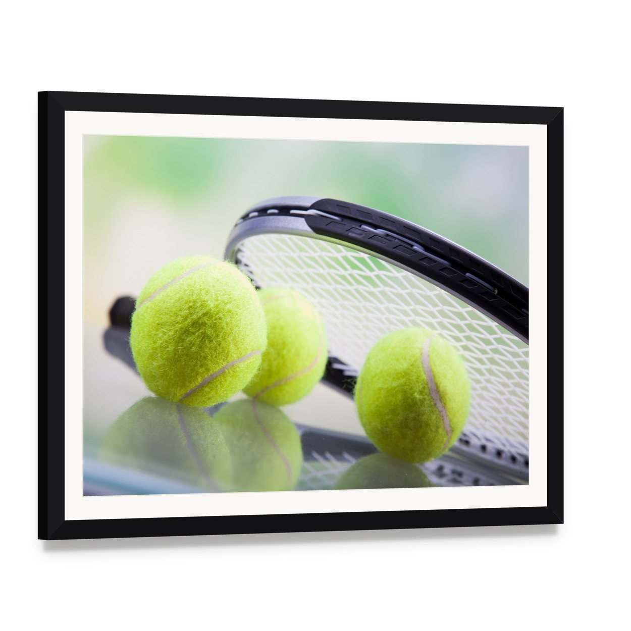 Tennis Racket and Ball Canvas Wall Art, framed print with white mat and black frame, angled product view