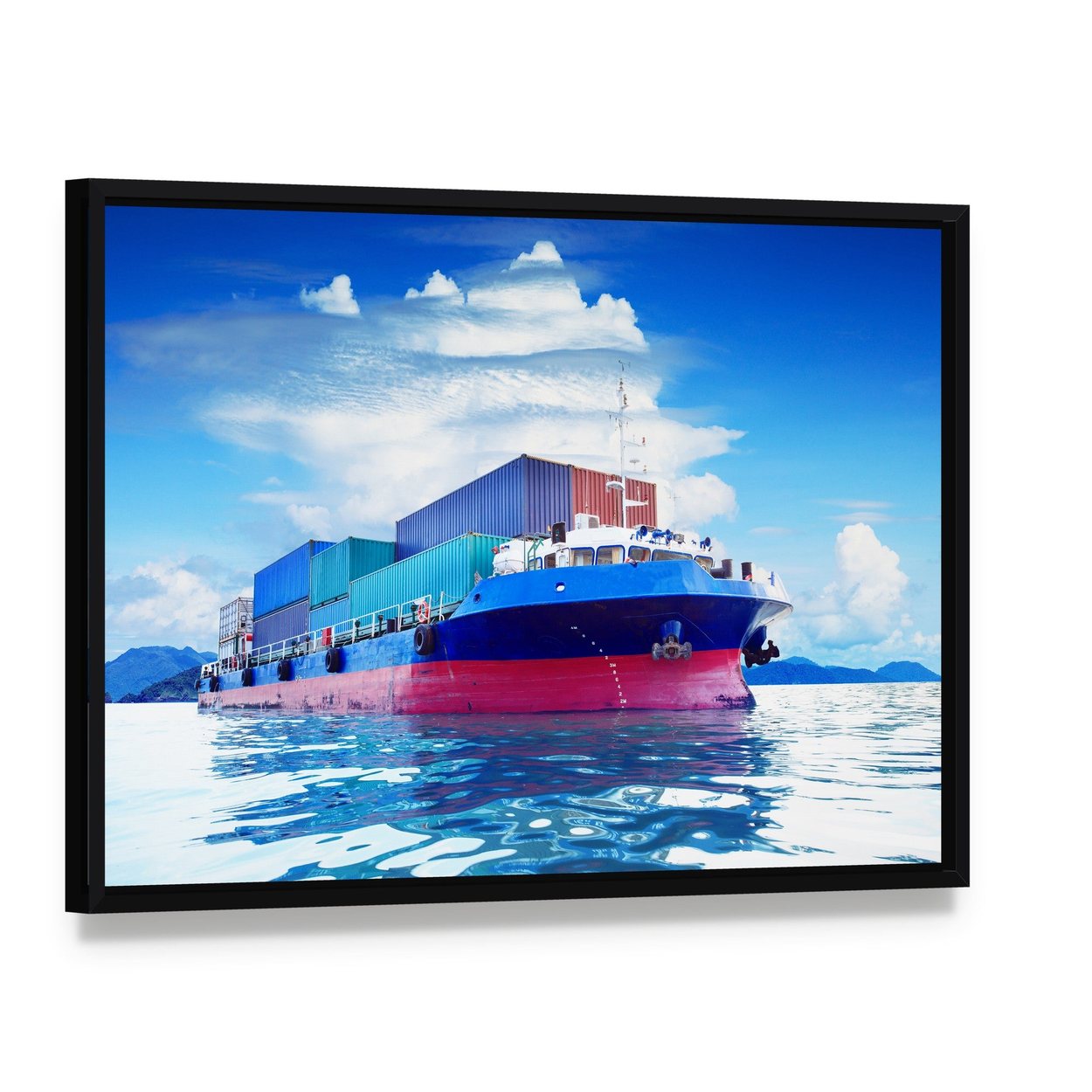 Commercial Container Ship Canvas Wall Art, framed canvas in a black floater frame, angled product view
