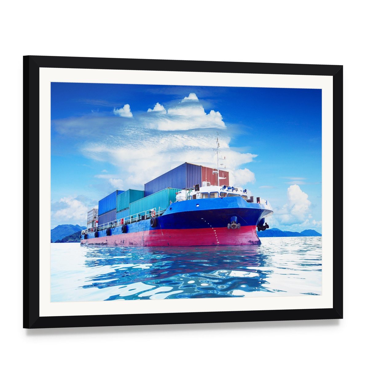 Commercial Container Ship Canvas Wall Art, framed print with white mat and black frame, angled product view