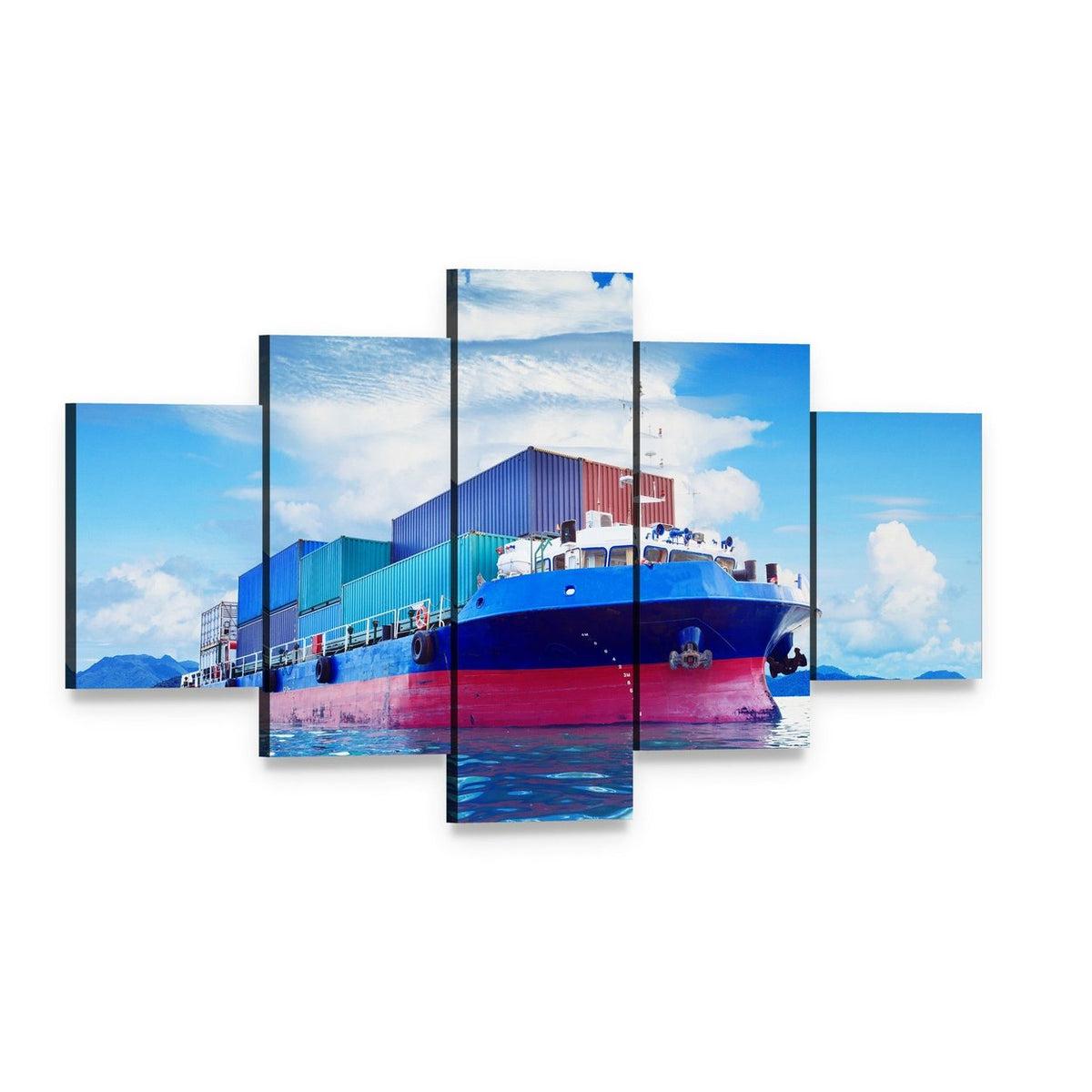 Commercial Container Ship Canvas Wall Art, 5 panel 5 Star layout gallery wrapped canvas set, angled product view