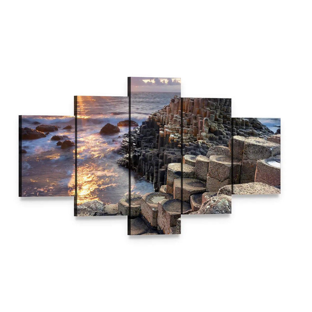 Giant's Causeway Sunset Over Basalt Columns Canvas Wall Art, 5 panel 5 Star layout gallery wrapped canvas set, angled product view