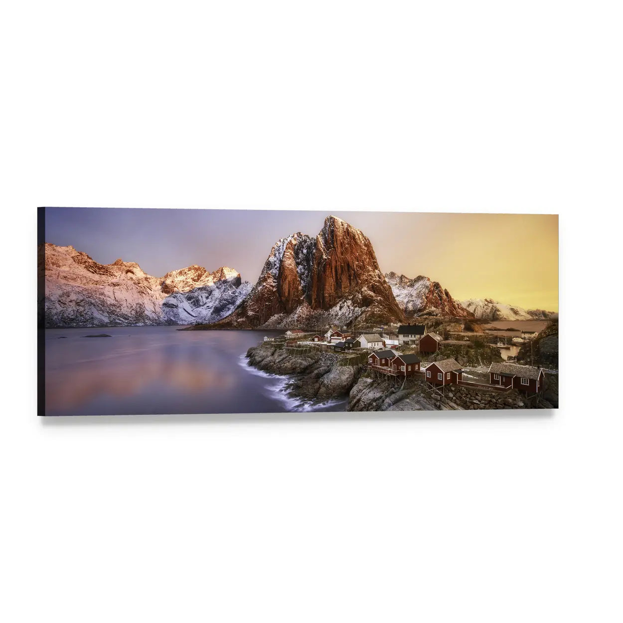 Sunrise Over Hamnoy, Lofoten Islands Panoramic Canvas Wall Art, single panel gallery wrapped canvas, angled product view
