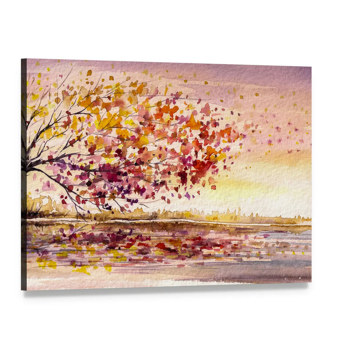 Wind-swept Autumn Tree by the Lake Canvas Wall Art, single panel gallery wrapped canvas, angled product view
