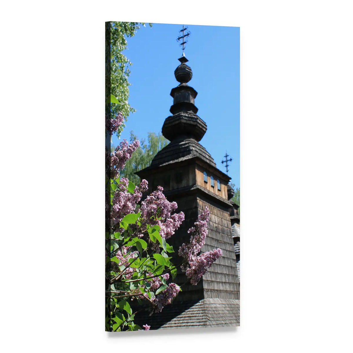 Orthodox Wooden Church Tower with Lilacs Vertical Canvas Wall Art, 1 panel 1 Vertical layout gallery wrapped canvas set, angled product view