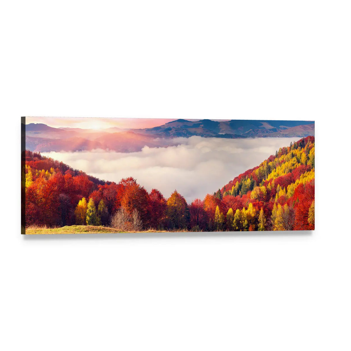 Colorful Carpathian Mountains Panoramic Canvas Wall Art, single panel gallery wrapped canvas, angled product view