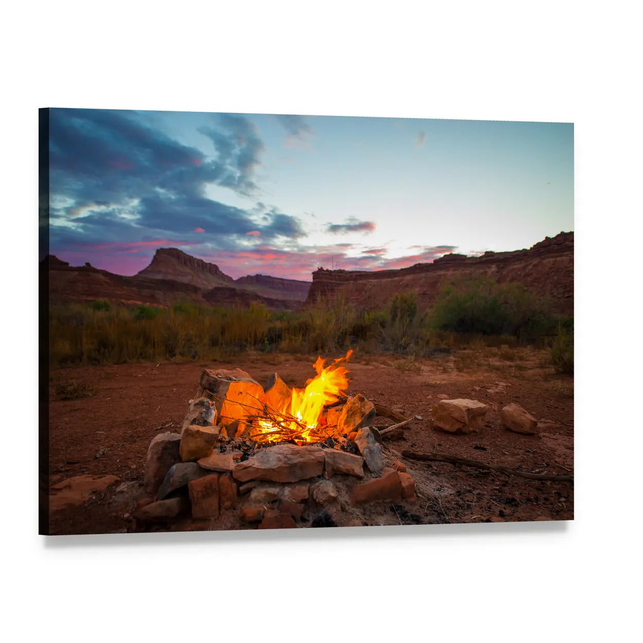 Desert Campfire at Sunset Canvas Wall Art, single panel gallery wrapped canvas, angled product view