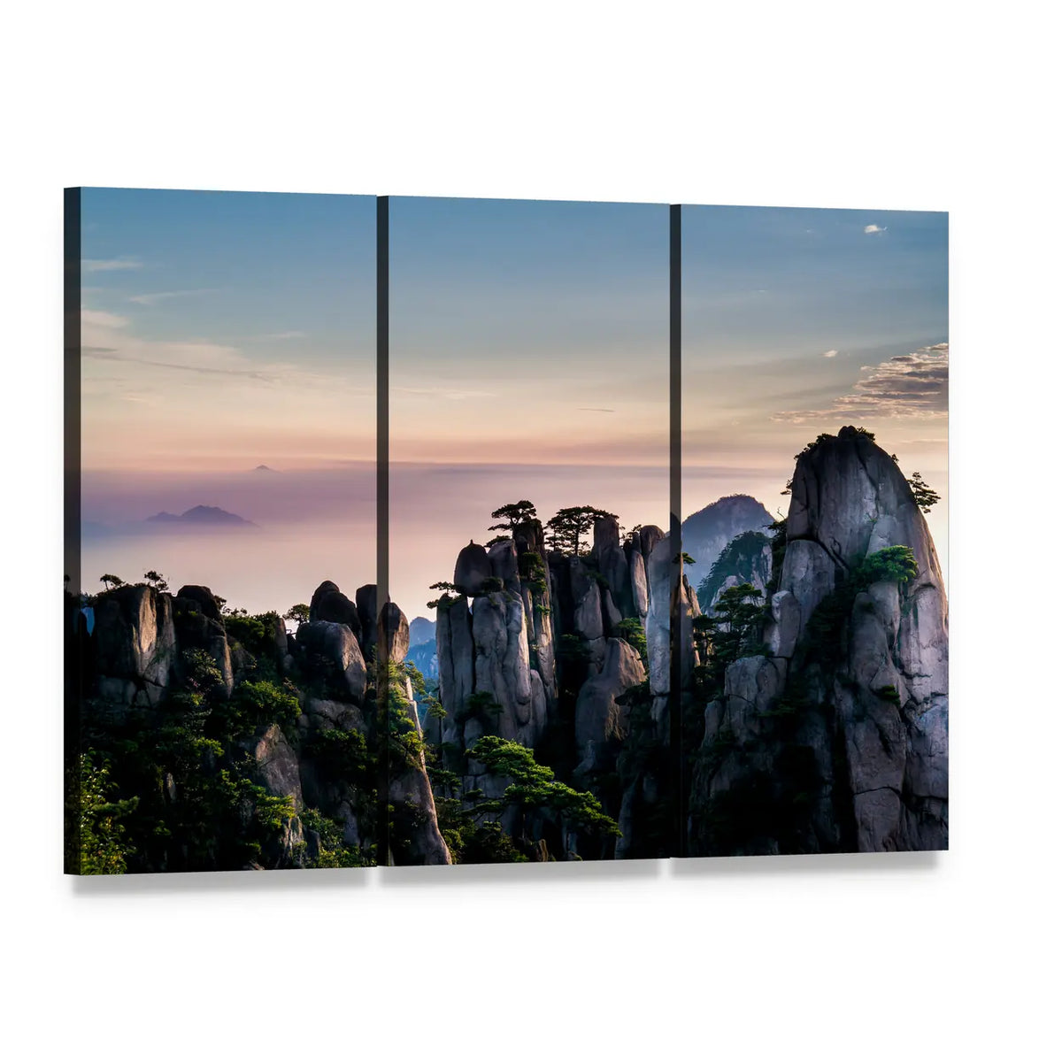 Huangshan Mountain in Anhui at Dawn Canvas Wall Art, 3 panel 3 Horizontal layout gallery wrapped canvas set, angled product view