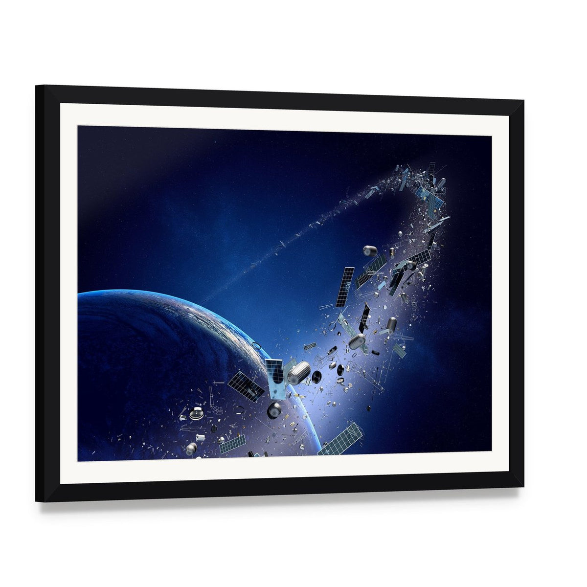 Space Junk Orbiting Around Earth Canvas Wall Art, framed print with white mat and black frame, angled product view