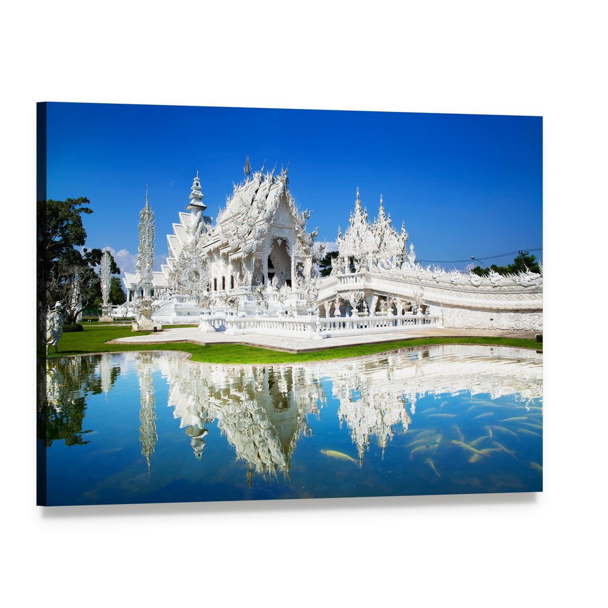 Wat Rong Khun Temple Reflection in Thailand Canvas Wall Art, single panel gallery wrapped canvas, angled product view