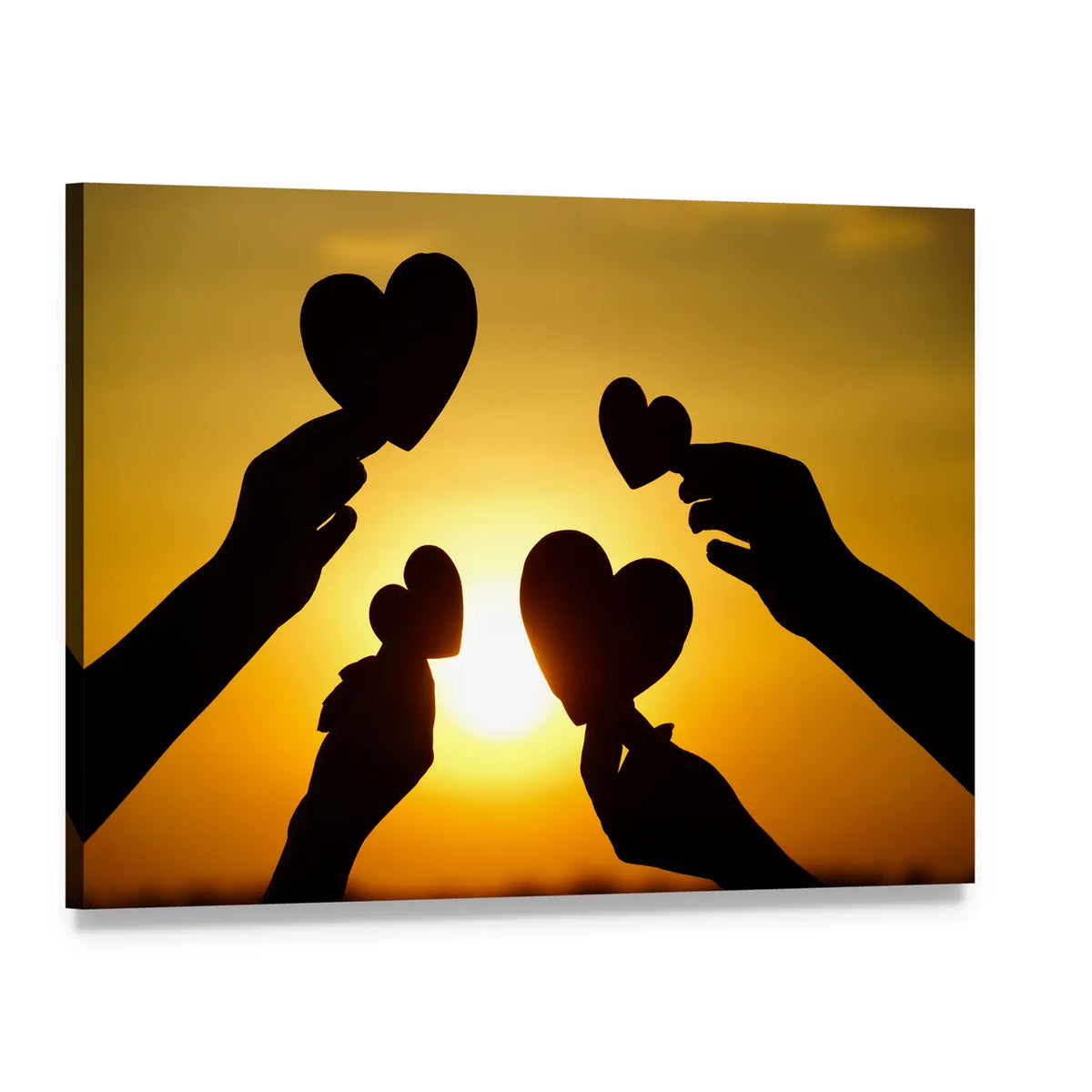 Hands Holding Hearts at Sunset Canvas Wall Art, single panel gallery wrapped canvas, angled product view
