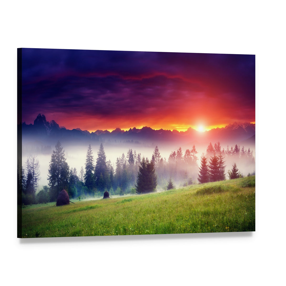 Sunset Over Hilly Mountains Canvas Wall Art, single panel gallery wrapped canvas, angled product view