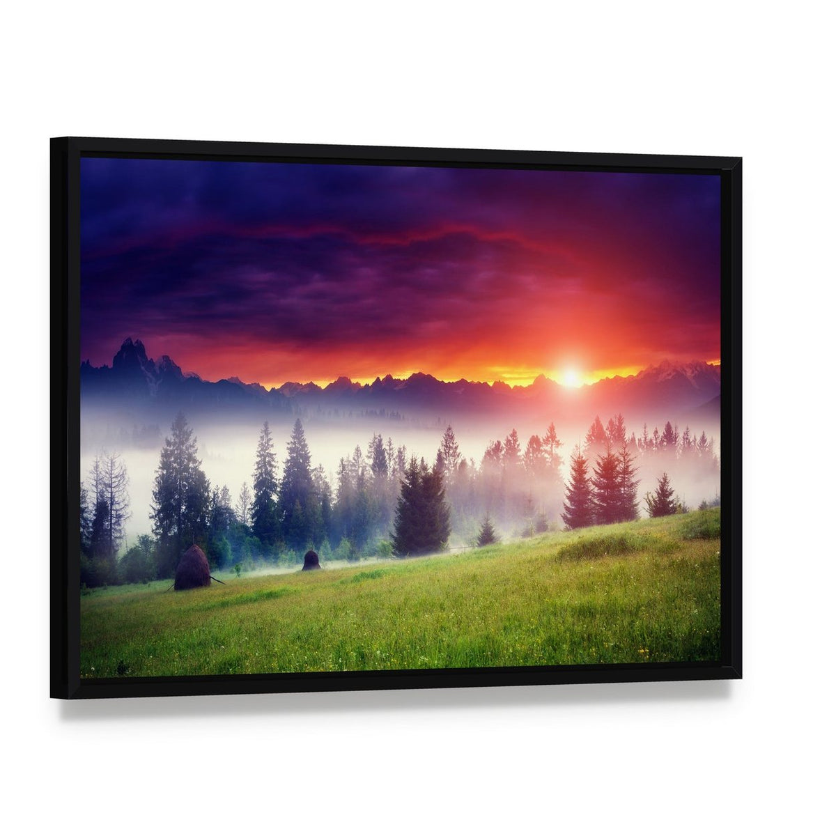 Sunset Over Hilly Mountains Canvas Wall Art, framed canvas in a black floater frame, angled product view