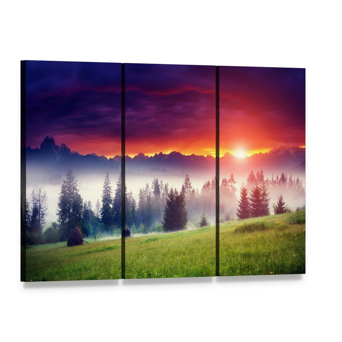 Sunset Over Hilly Mountains Canvas Wall Art, 3 panel 3 Horizontal layout gallery wrapped canvas set, angled product view