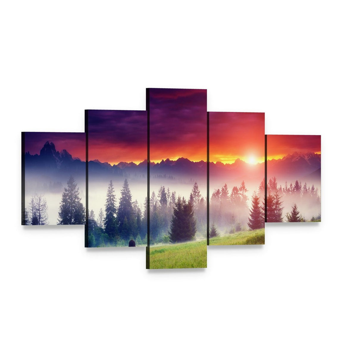 Sunset Over Hilly Mountains Canvas Wall Art, 5 panel 5 Star layout gallery wrapped canvas set, angled product view
