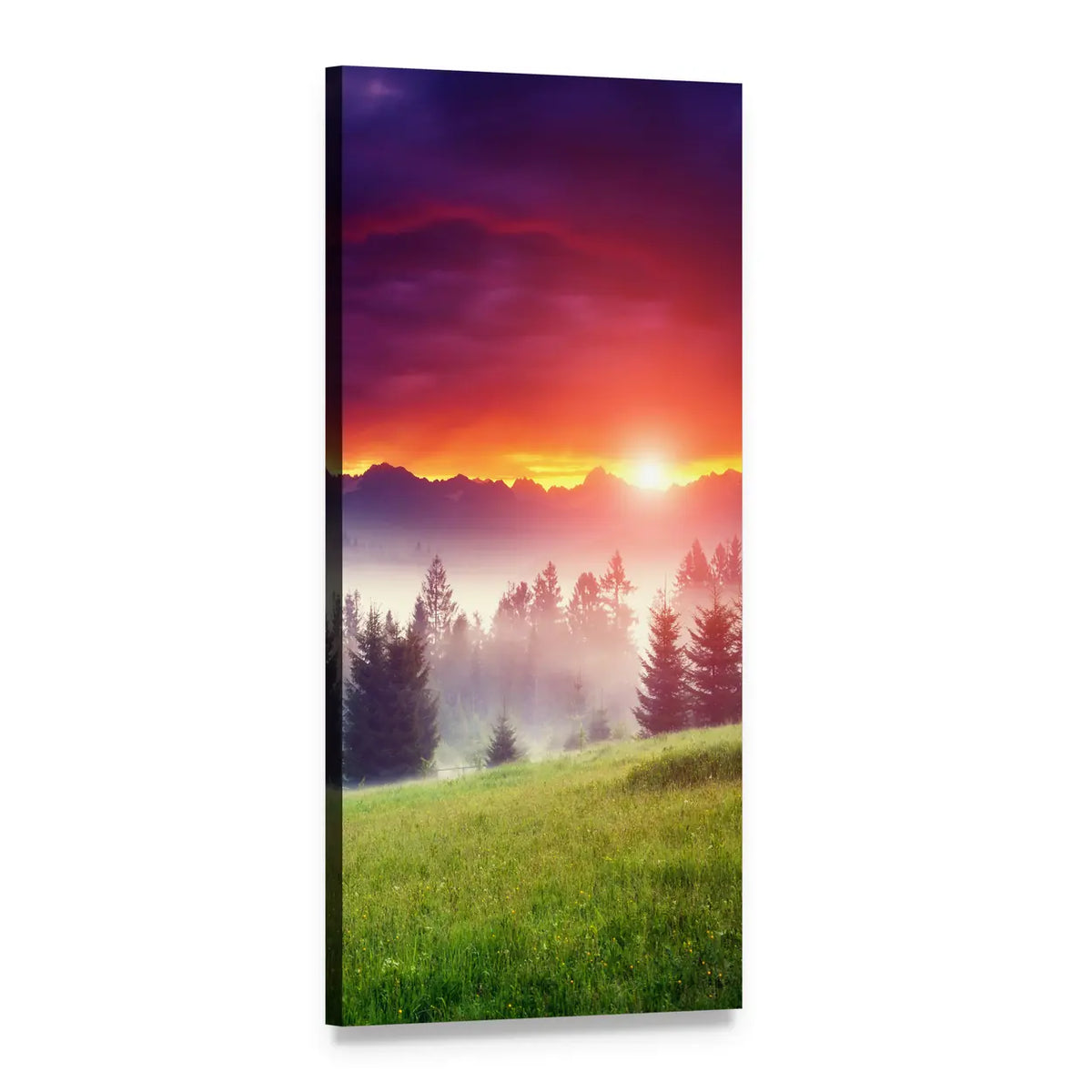 Sunrise Over Misty Mountain Meadow Vertical Canvas Wall Art, 1 panel 1 Vertical layout gallery wrapped canvas set, angled product view