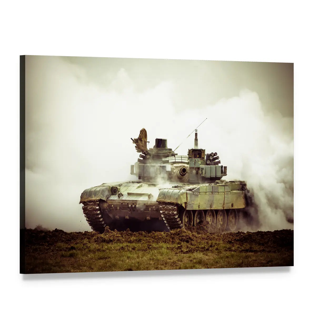 Main Battle Tank in Action Canvas Wall Art, single panel gallery wrapped canvas, angled product view