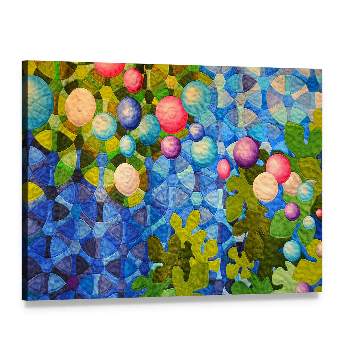 Contemporary Patchwork Quilt Canvas Wall Art, single panel gallery wrapped canvas, angled product view