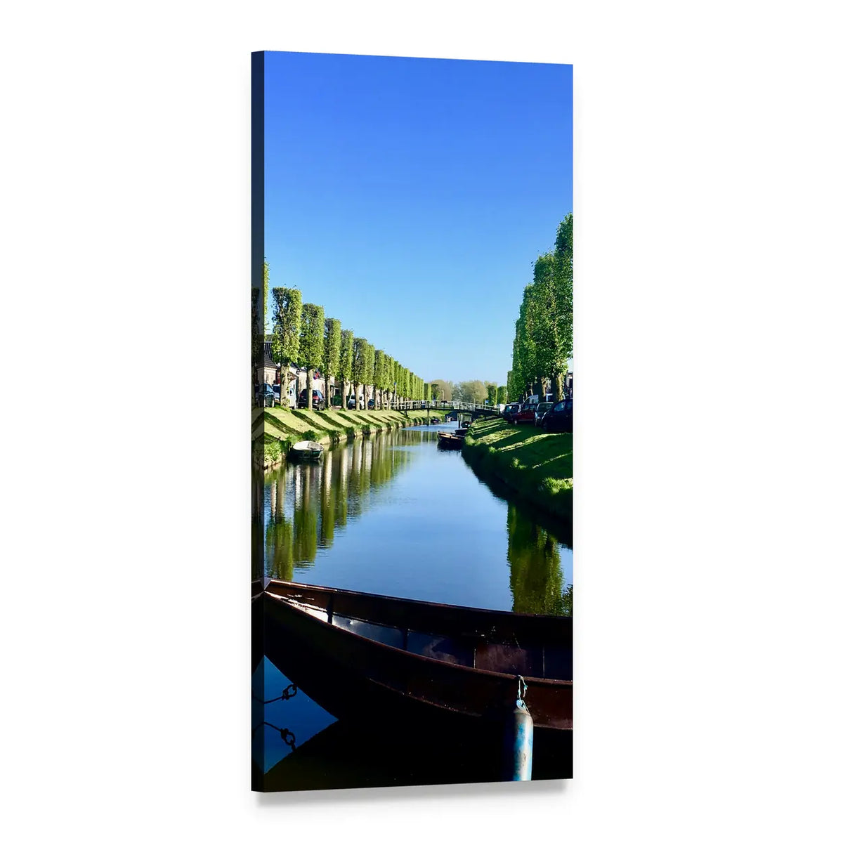 Rowboat on Tree-lined Canal Vertical Canvas Wall Art, 1 panel 1 Vertical layout gallery wrapped canvas set, angled product view