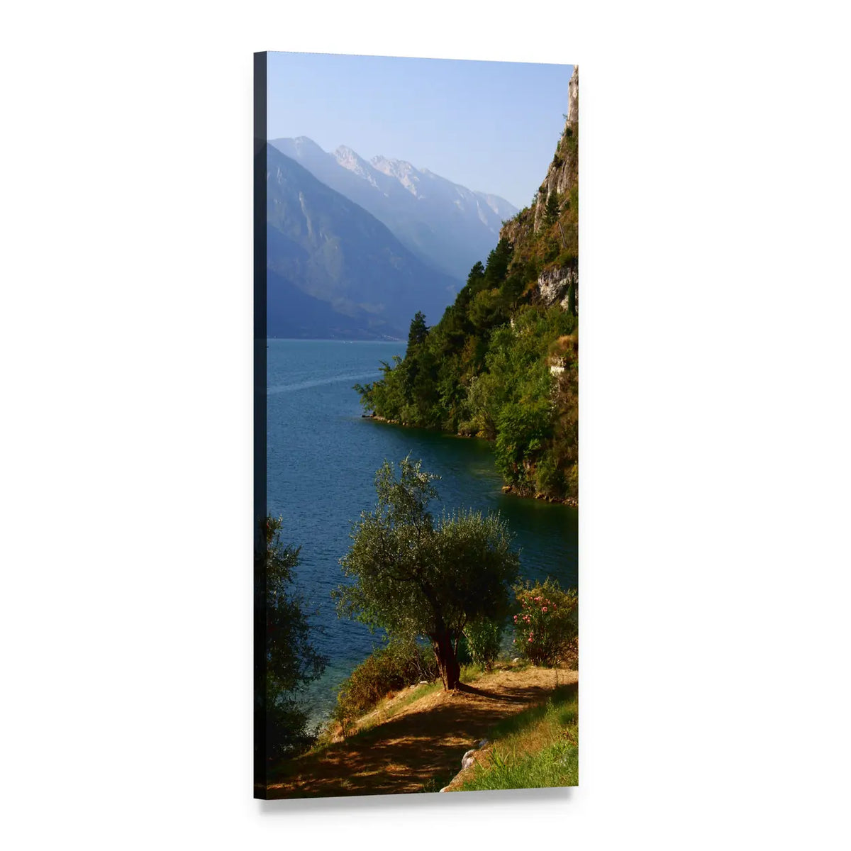 Lakeside Path Beneath Snow-capped Peaks Vertical Canvas Wall Art, 1 panel 1 Vertical layout gallery wrapped canvas set, angled product view