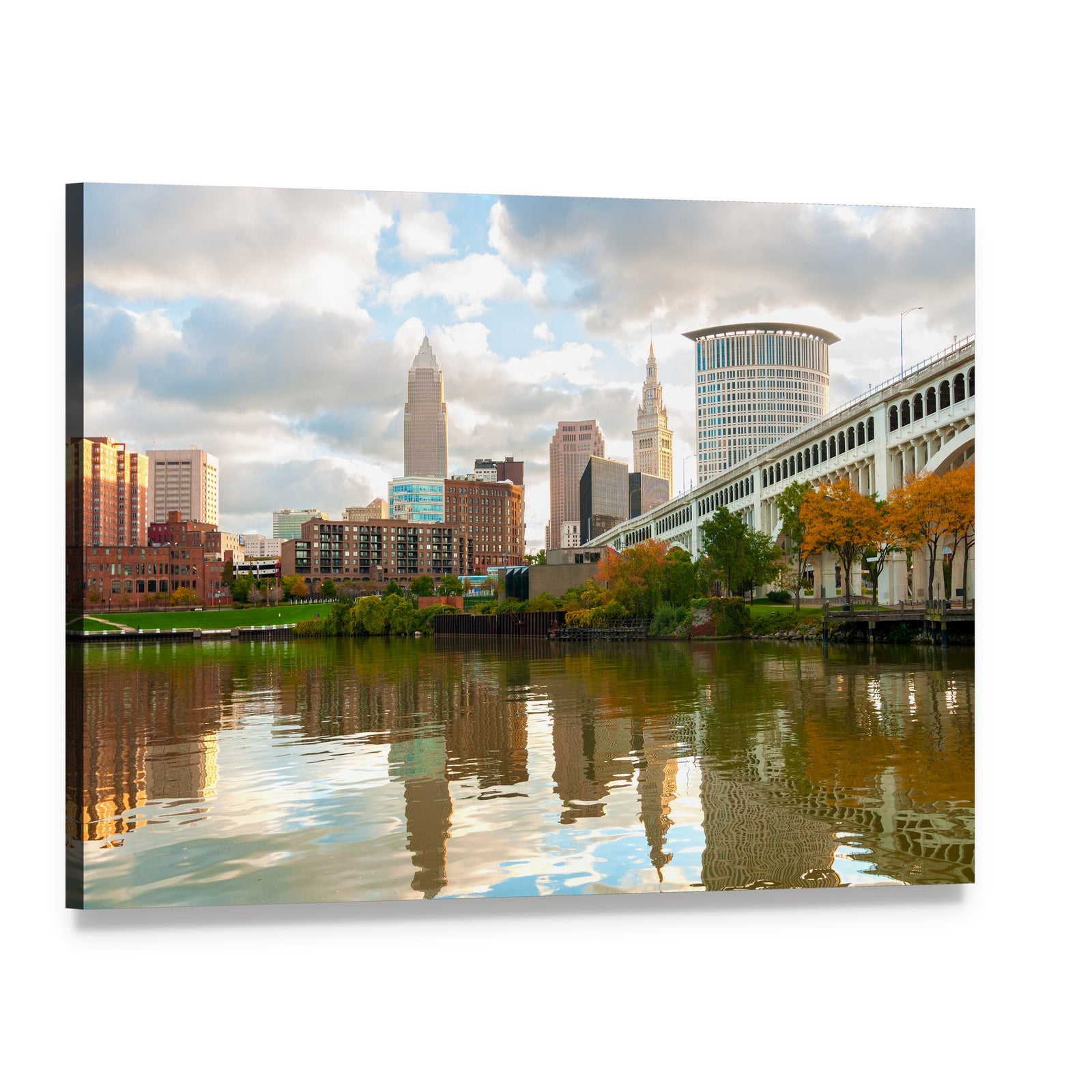 Downtown Cleveland Skyline with River Reflections Canvas Wall Art, single panel gallery wrapped canvas, angled product view