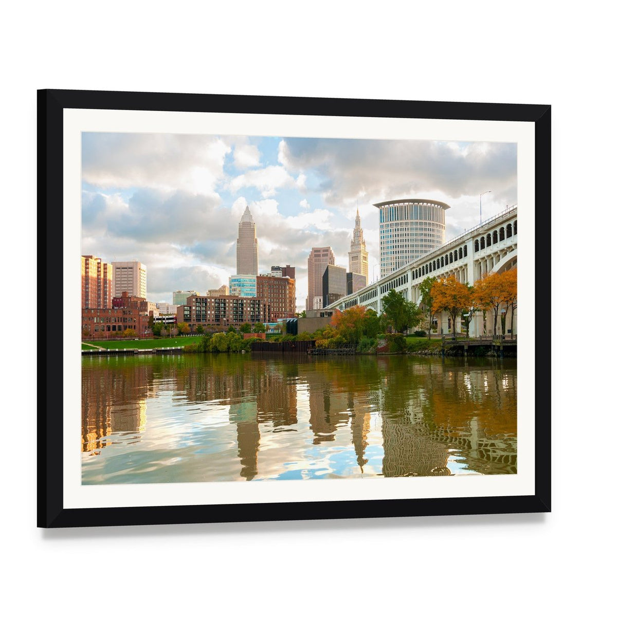 Downtown Cleveland Skyline with River Reflections Canvas Wall Art, framed print with white mat and black frame, angled product view