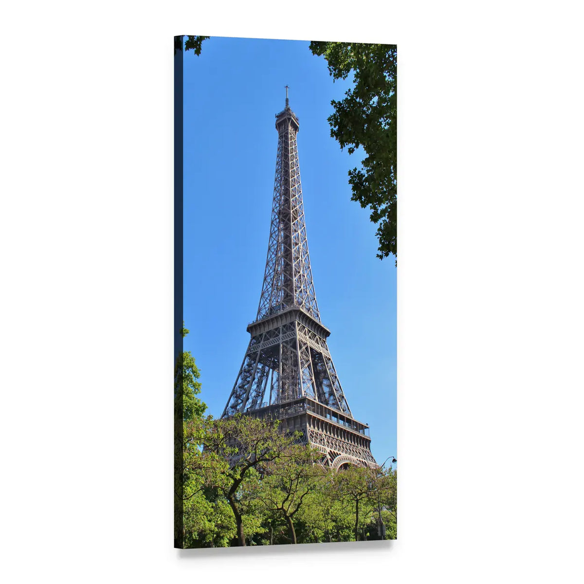 Eiffel Tower in Blue Sky Vertical Canvas Wall Art, 1 panel 1 Vertical layout gallery wrapped canvas set, angled product view