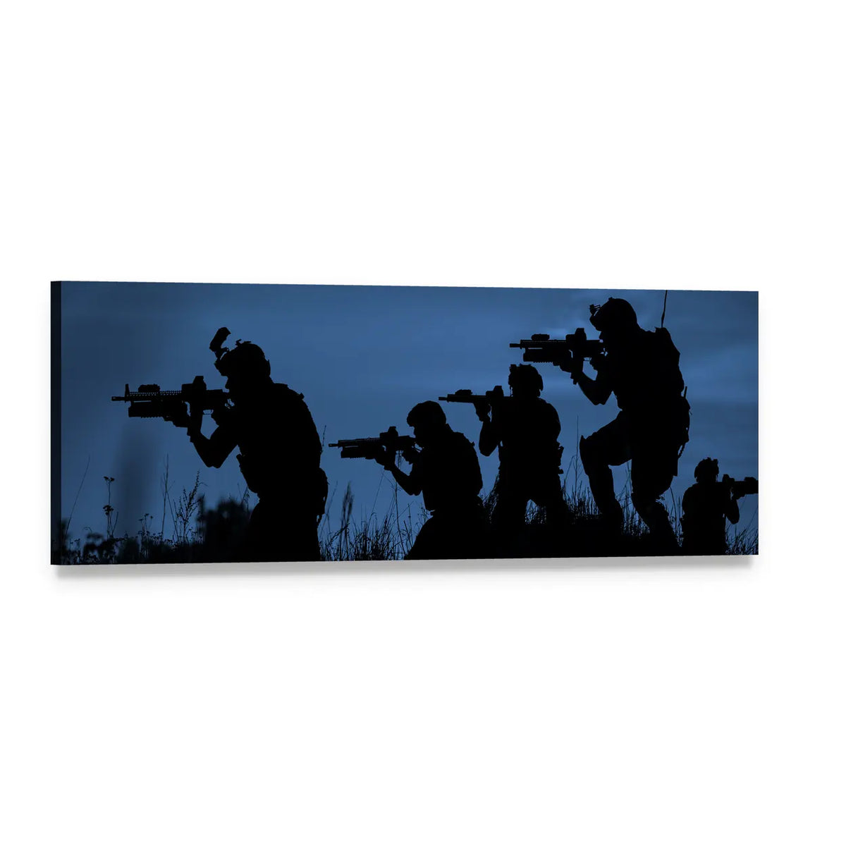Five Soldier Silhouettes at Twilight Panoramic Canvas Wall Art, single panel gallery wrapped canvas, angled product view