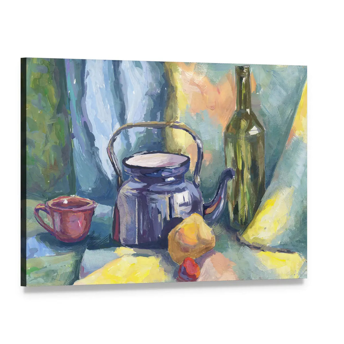 Dark Blue Kettle and Lemon Still Life Canvas Wall Art, single panel gallery wrapped canvas, angled product view