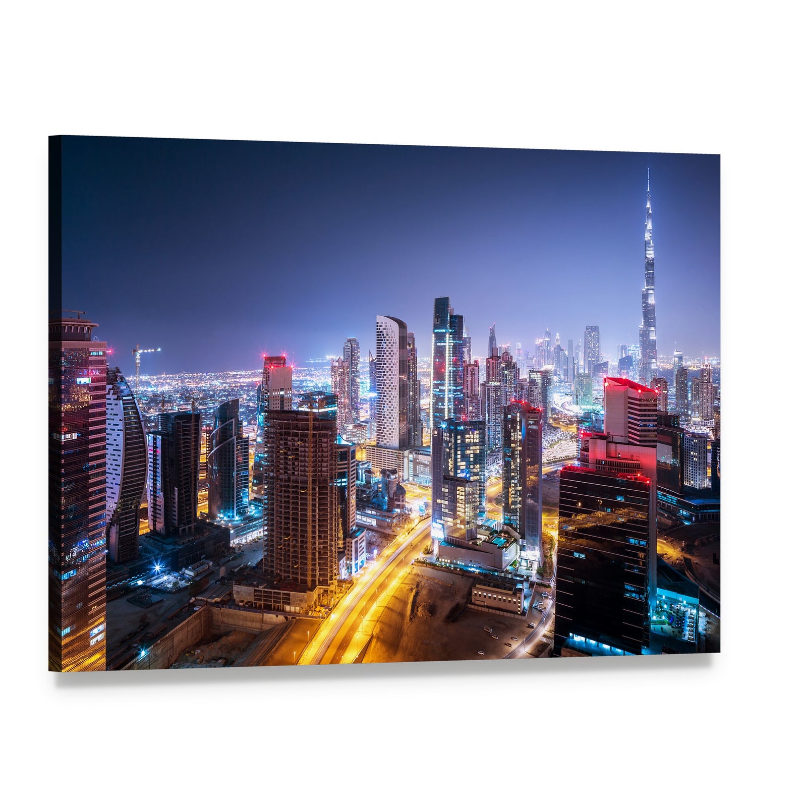 Night Cityscape of Dubai Canvas Wall Art, single panel gallery wrapped canvas, angled product view