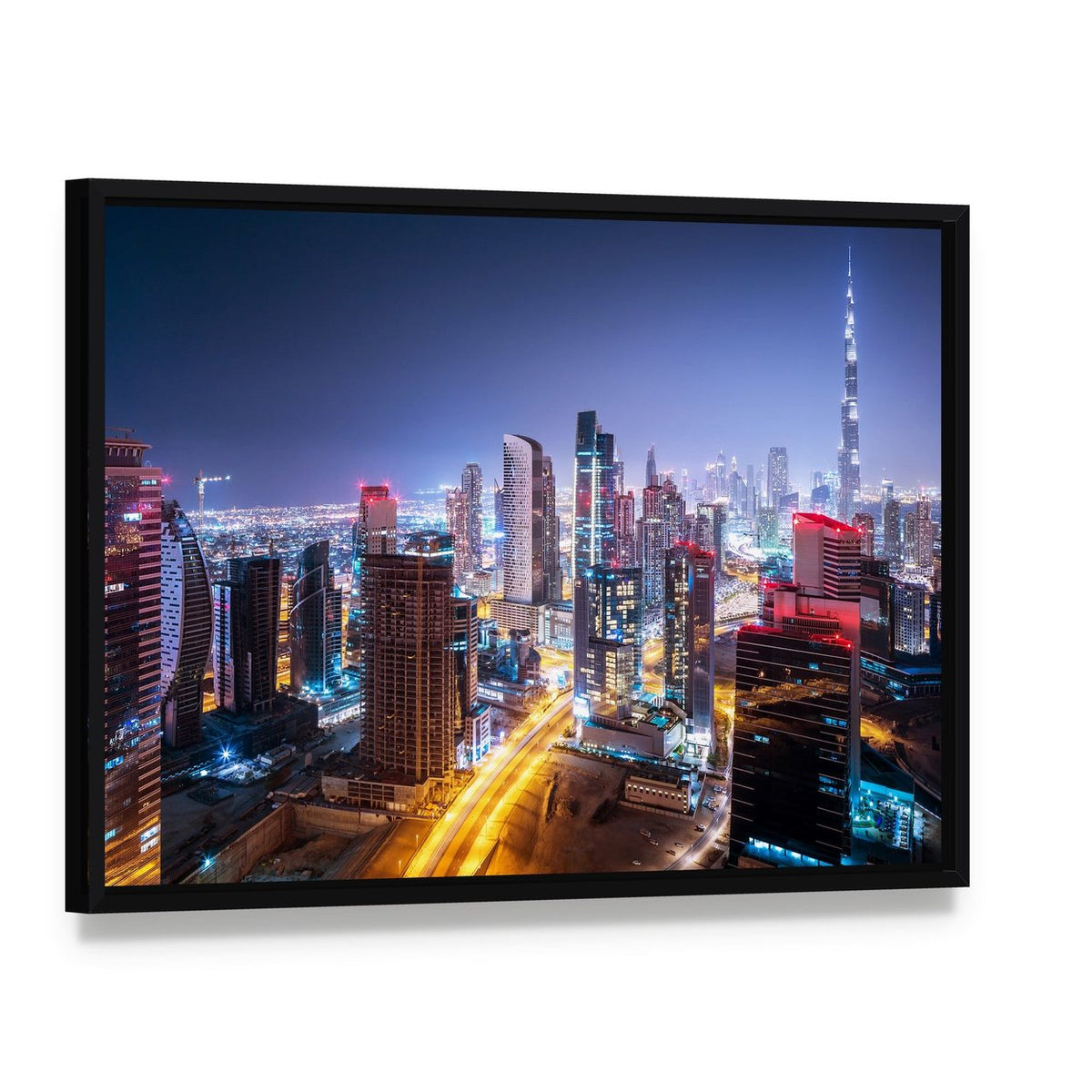 Night Cityscape of Dubai Canvas Wall Art, framed canvas in a black floater frame, angled product view