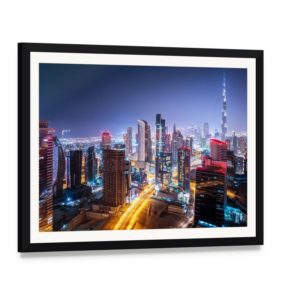 Night Cityscape of Dubai Canvas Wall Art, framed print with white mat and black frame, angled product view