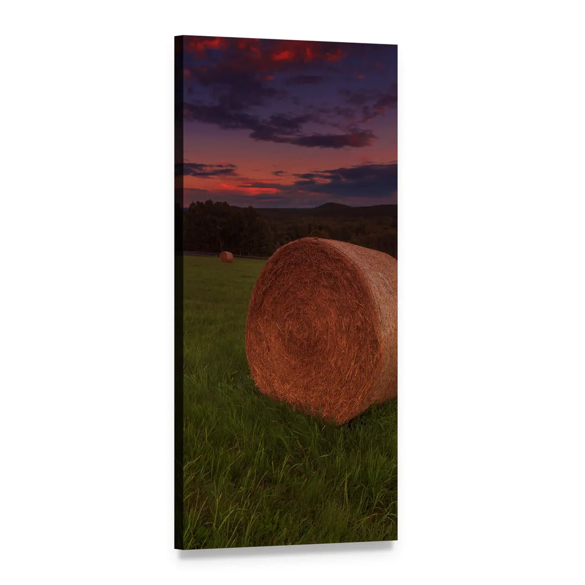 Hay Bale at Sunset Over Fields Vertical Canvas Wall Art, 1 panel 1 Vertical layout gallery wrapped canvas set, angled product view