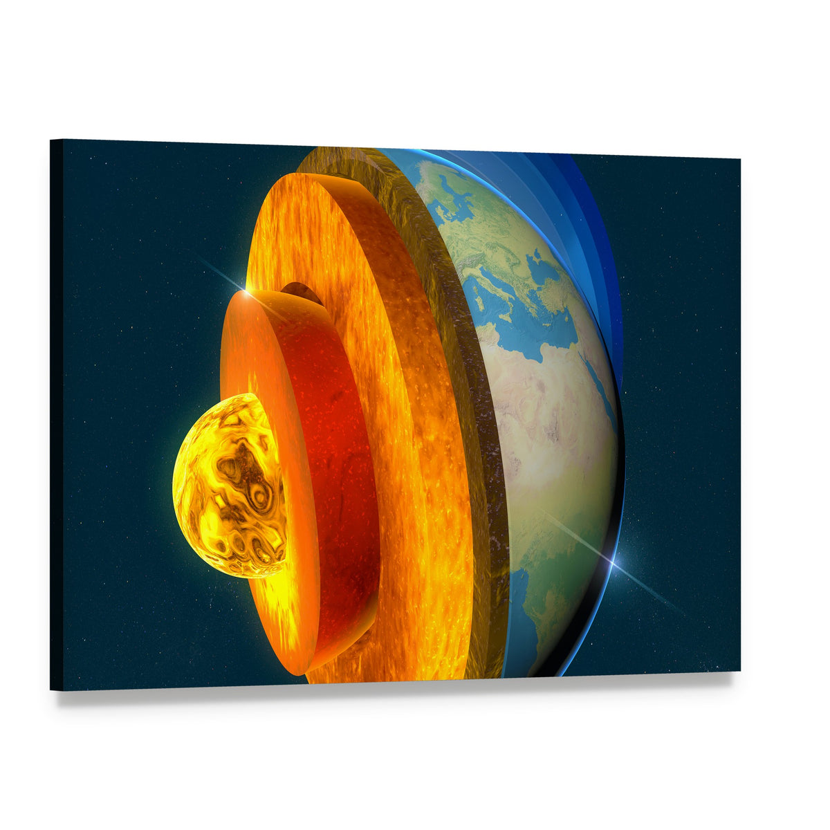 Earth's Core Cross-section Illustration Canvas Wall Art, single panel gallery wrapped canvas, angled product view